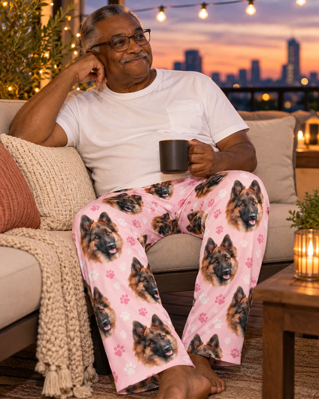 Man with a mug on a rooftop sofa at dusk in pink paw print pajamas with dog faces