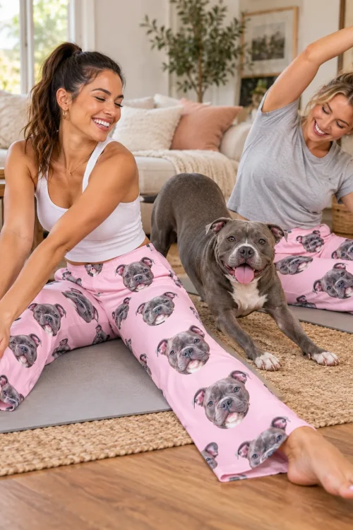 Two friends stretching on yoga mats beside a pit bull in a play bow, both in pink pittie pajamas