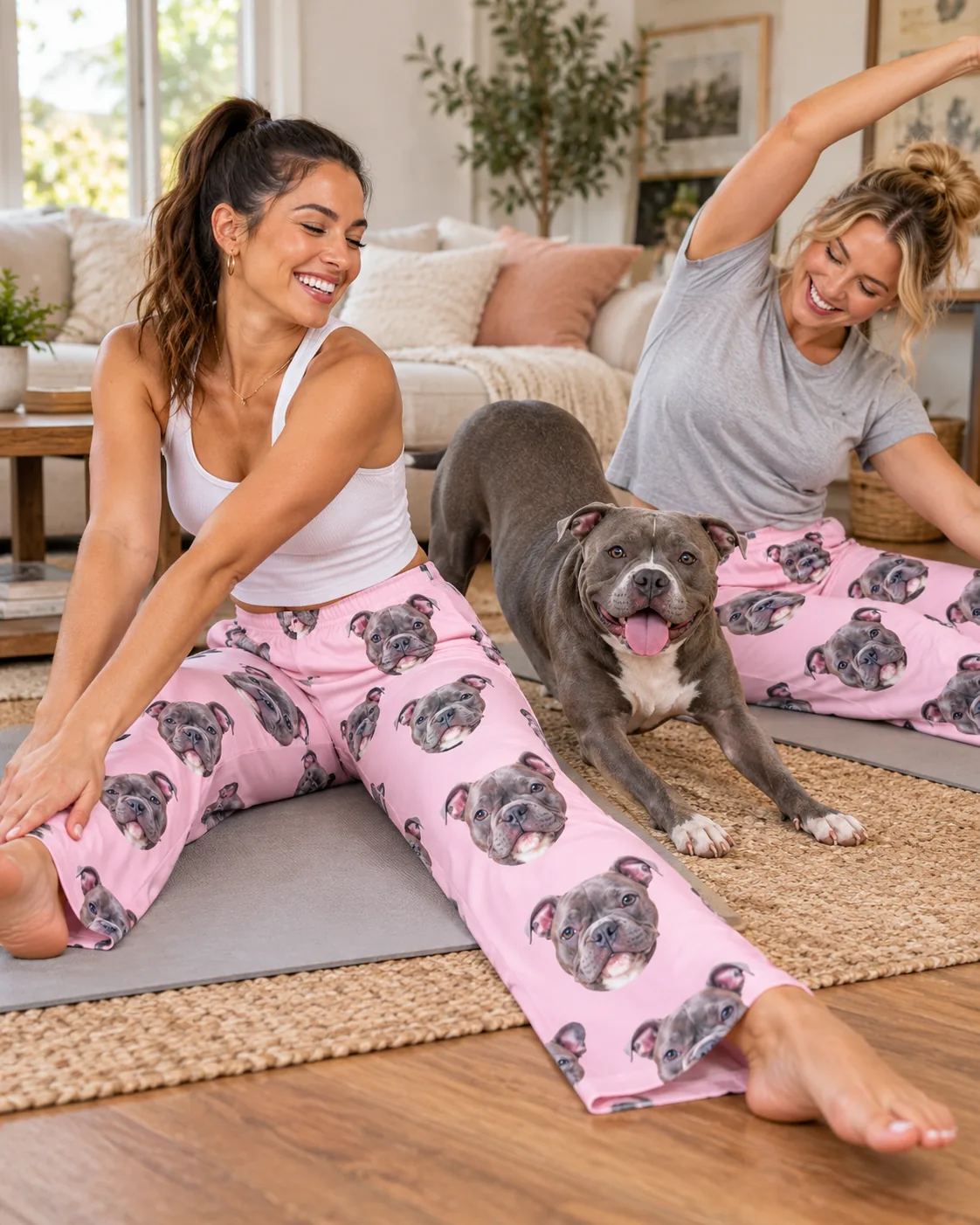Two friends stretching on yoga mats beside a pit bull in a play bow, both in pink pittie pajamas