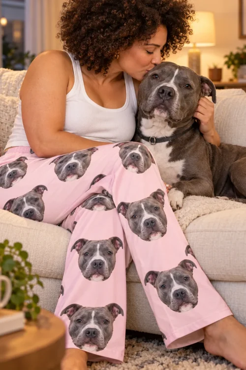 Curly-haired woman kissing her blue-grey pit bull on a sofa, wearing blush pink pittie pajamas