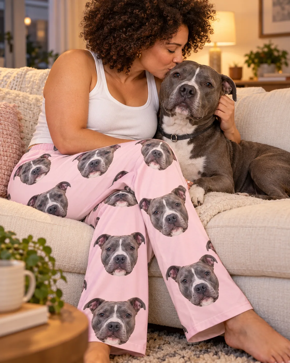Custom Pitbull Pajama Pants for Women — blush pink with pet | GenzOutfit Curly-haired woman kissing her blue-grey pit bull on a sofa, wearing blush pink pittie pajamas
