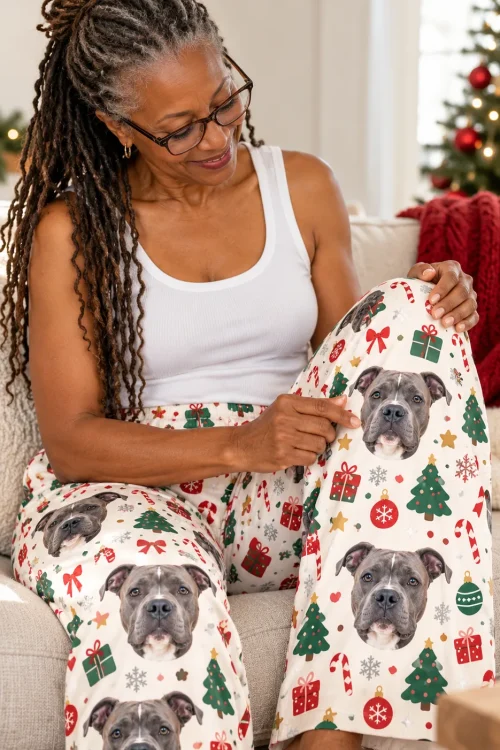 Woman in glasses on a sofa by the Christmas tree, touching her Christmas cream pittie pajamas