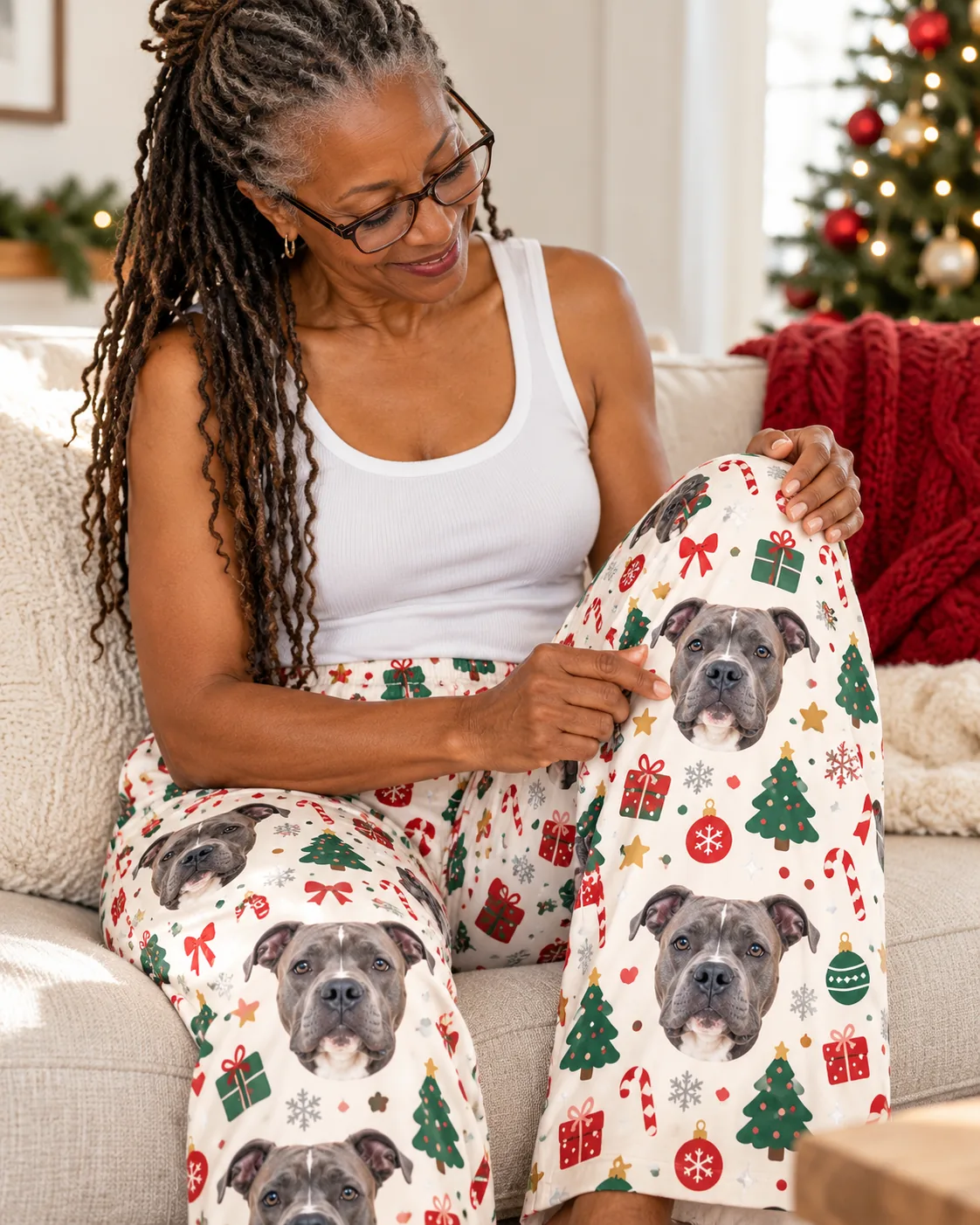 Custom Pitbull Pajama Pants for Women — christmas cream detail | GenzOutfit Woman in glasses on a sofa by the Christmas tree, touching her Christmas cream pittie pajamas