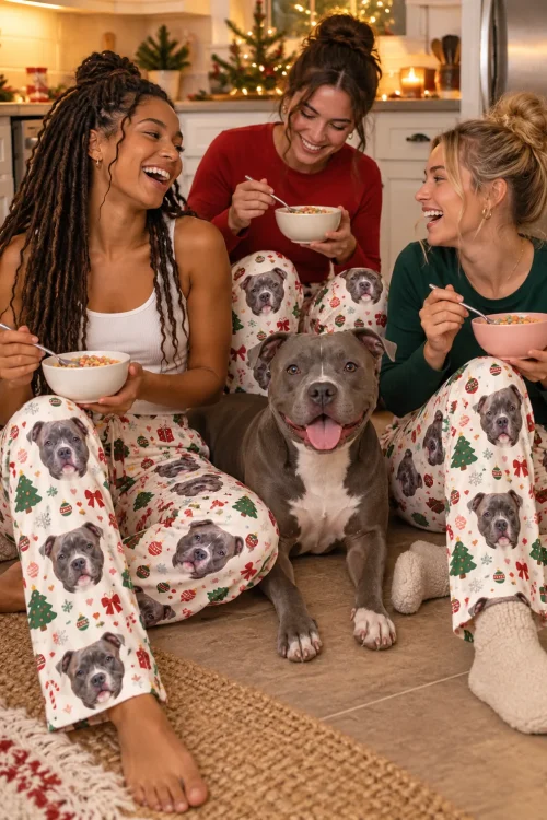 Three friends eating cereal on a kitchen floor with their pit bull, in Christmas cream pittie pajama pants