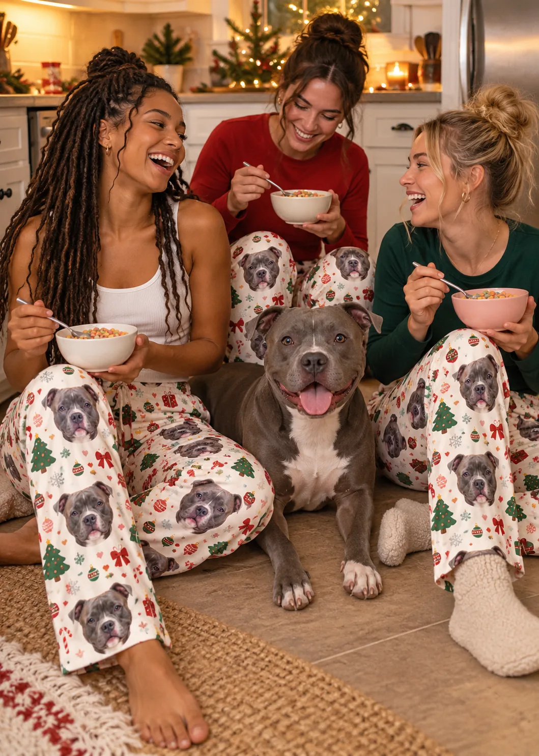 Custom Pitbull Pajama Pants for Women — christmas cream family | GenzOutfit Three friends eating cereal on a kitchen floor with their pit bull, in Christmas cream pittie pajama pants