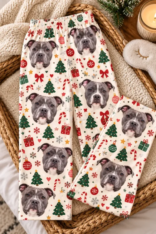 Christmas cream pittie pajamas folded in a wicker basket beside a candle and a sleep mask