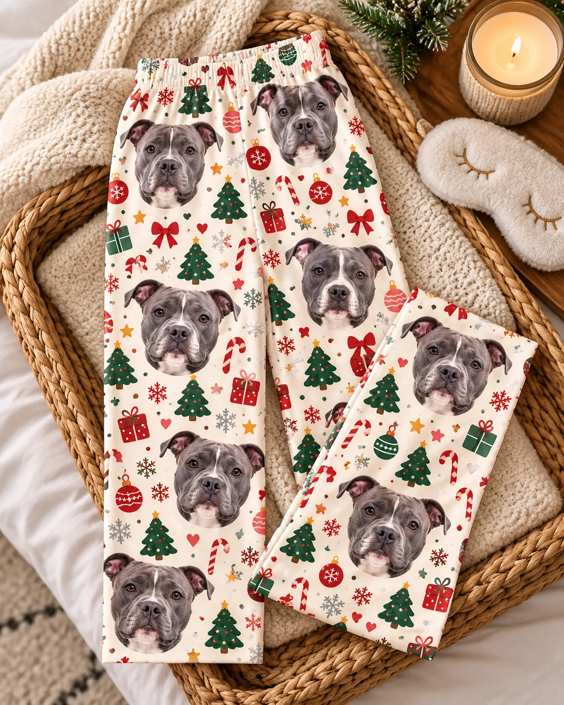 Christmas cream pittie pajamas folded in a wicker basket beside a candle and a sleep mask