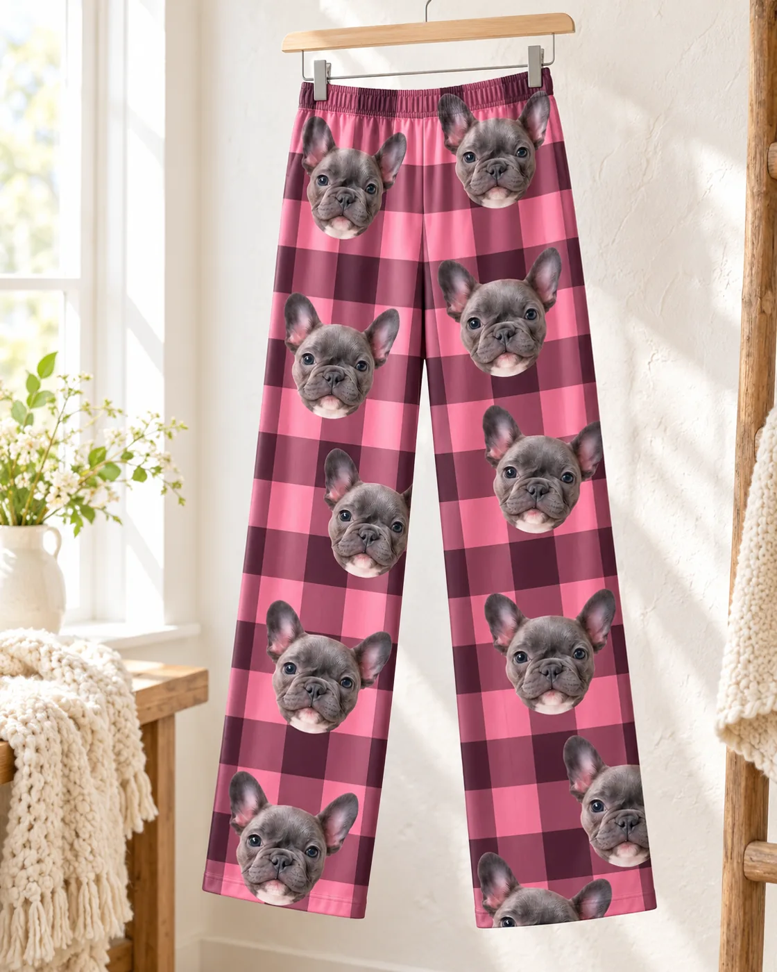 Plaid pajama pants: pink plaid pants printed with French bulldog faces hanging on a wooden hanger