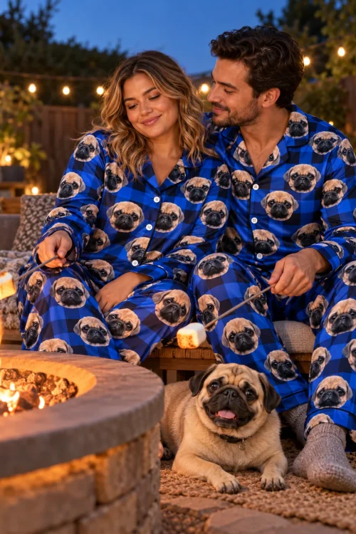 Couple in blue plaid pajamas roasting marshmallows by a backyard fire pit, pug at their feet