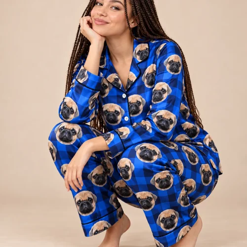 Blue Plaid Satin Pajama Set with Your Pet's Face