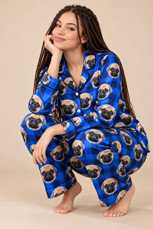 Woman with long braids crouching in blue plaid satin pajamas printed with pug faces