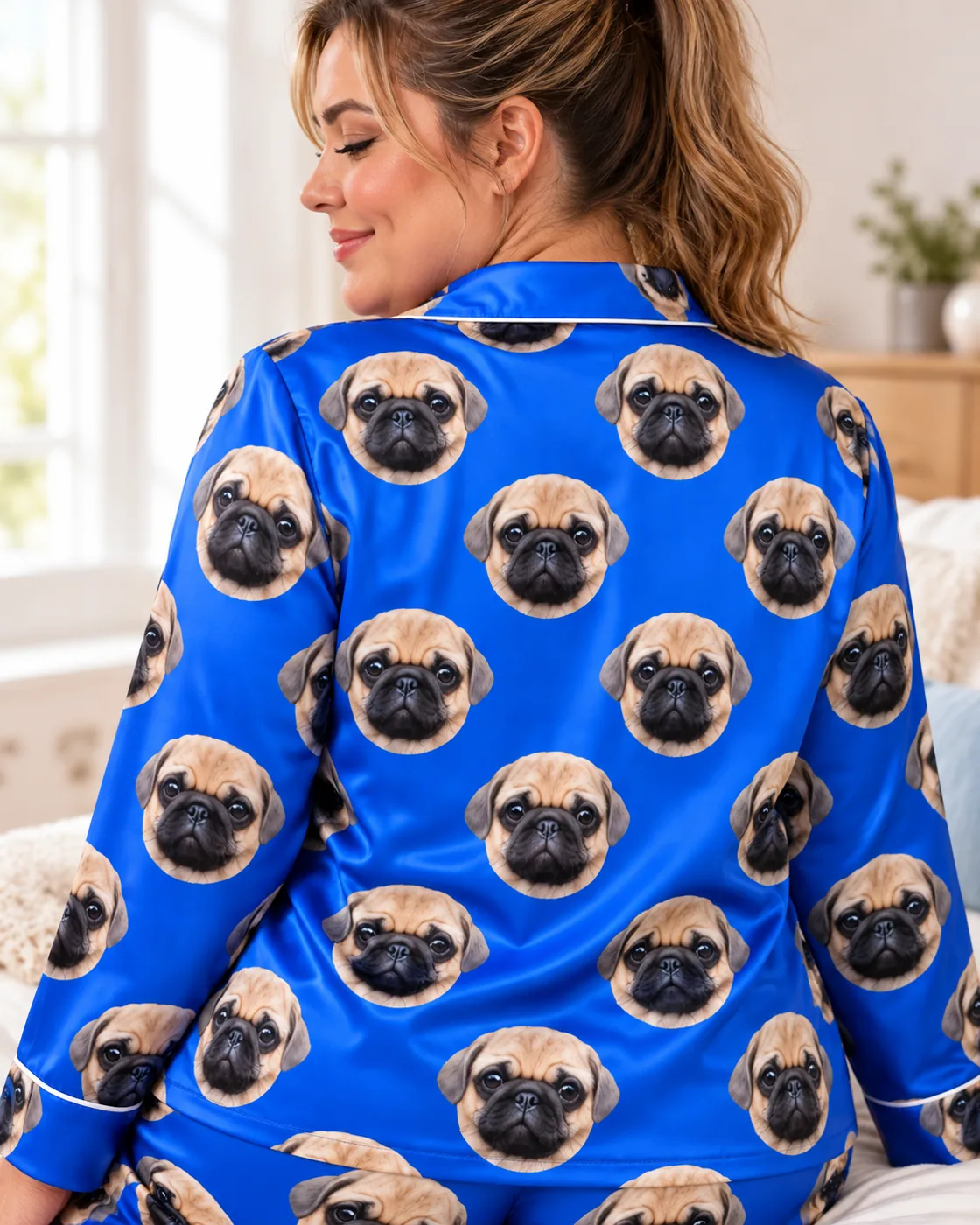 Plus size pajamas: back view of a royal blue satin long-sleeve set printed with pug faces