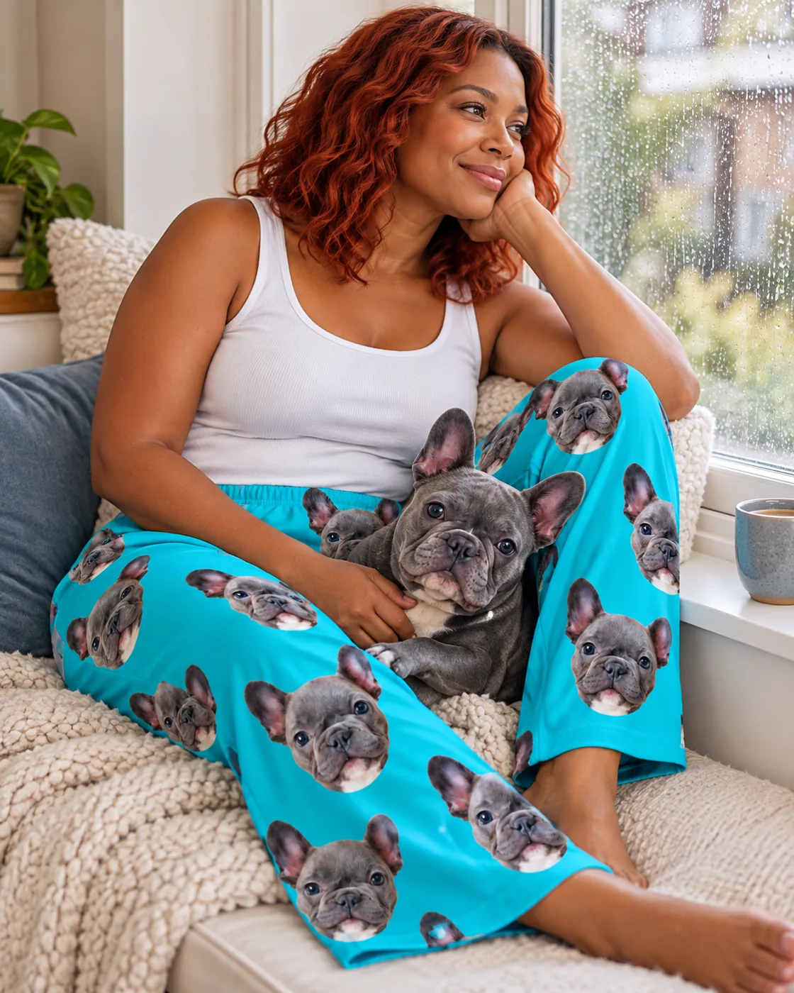 Plus size pajamas: woman on a sofa in teal pajama pants with French bulldog faces holding her French bulldog