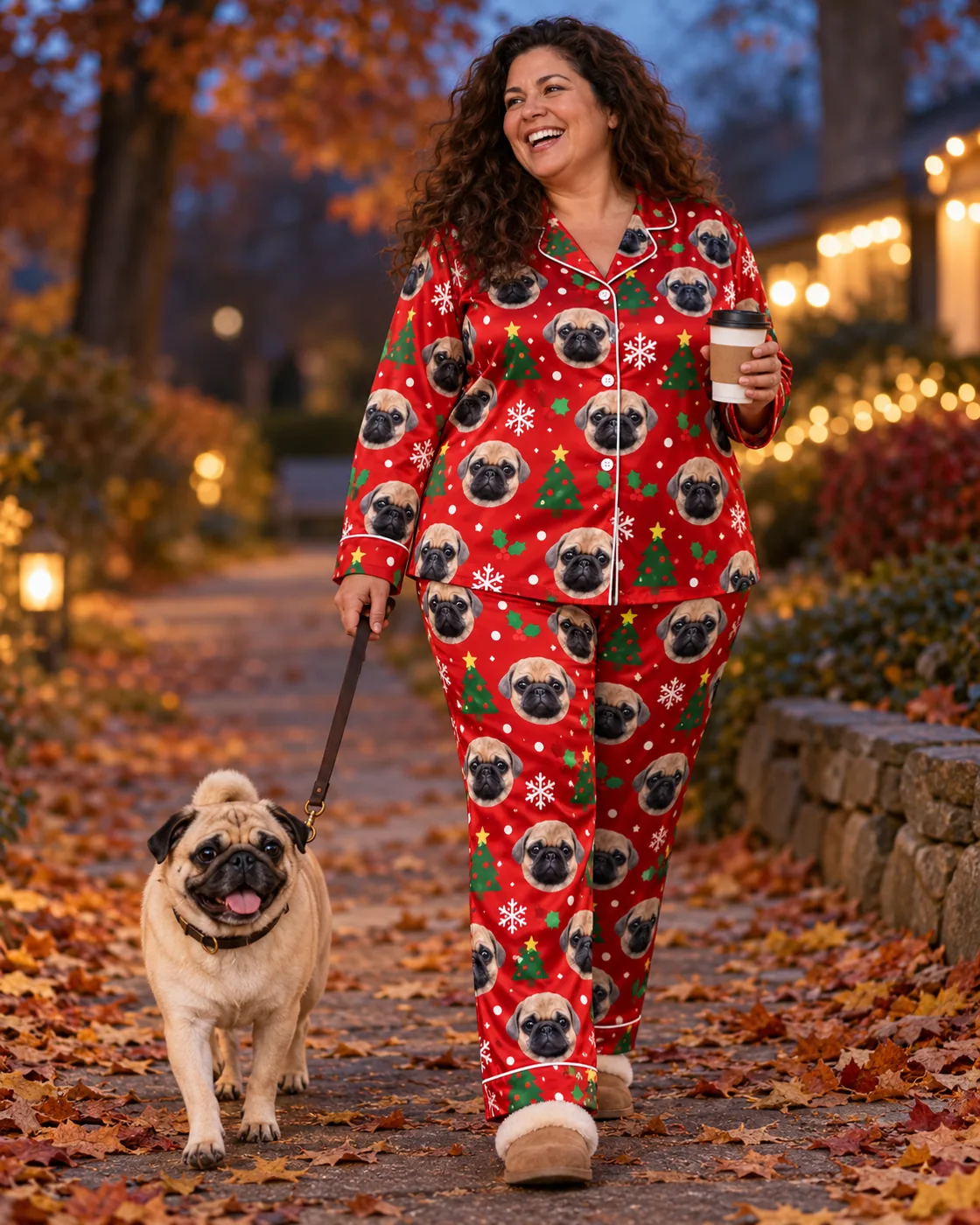 Plus size pajamas: woman in a red satin Christmas set with pug faces walking her pug past holiday lights
