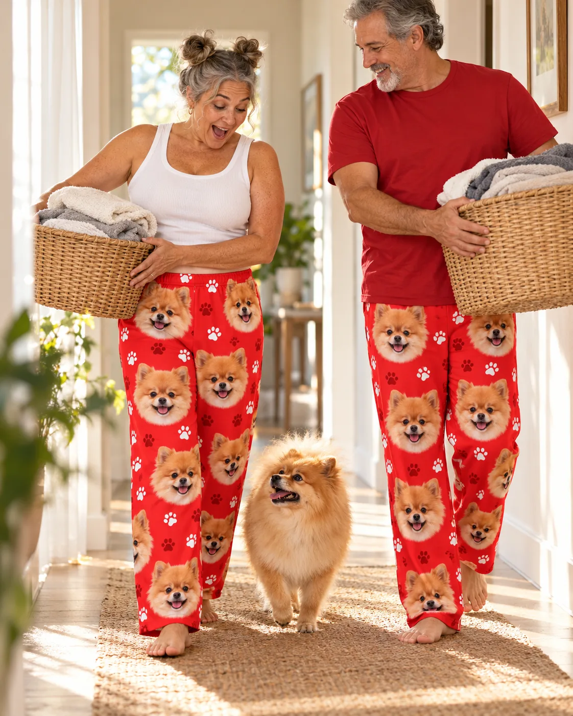 Couple carrying laundry baskets down a sunny hallway with their pomeranian, both in red paws pajama pants