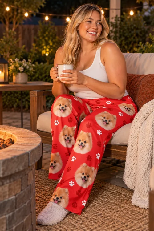 Woman holding a mug by a backyard fire pit at dusk, in red paws pomeranian pajama pants and fuzzy slippers