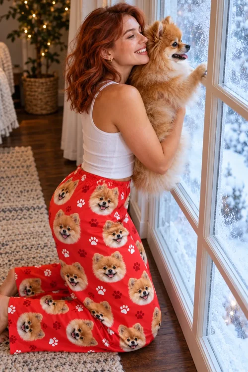 Woman kneeling by a snowy window hugging her pomeranian, in red paws pajama pants with pomeranian faces