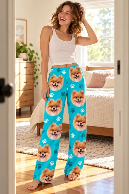 Smiling woman standing in a sunny bedroom doorway in teal paws pajama pants printed with pomeranian faces
