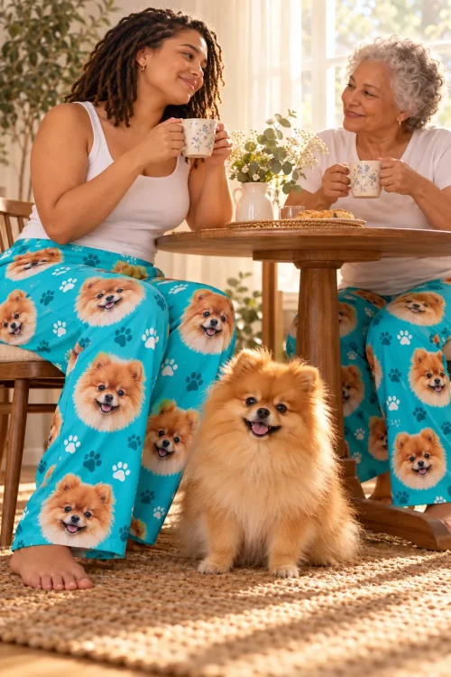 Two women sharing tea at a wooden table with a pomeranian sitting under it, both in teal paws pajama pants