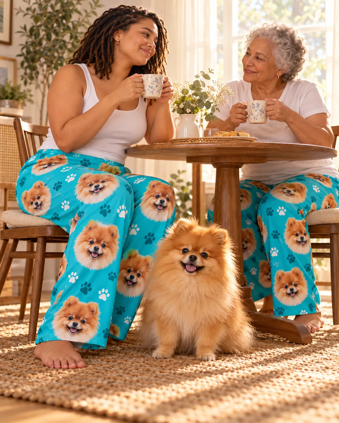 Custom Pomeranian Pajama Pants for Women — teal paws family | GenzOutfit Two women sharing tea at a wooden table with a pomeranian sitting under it, both in teal paws pajama pants