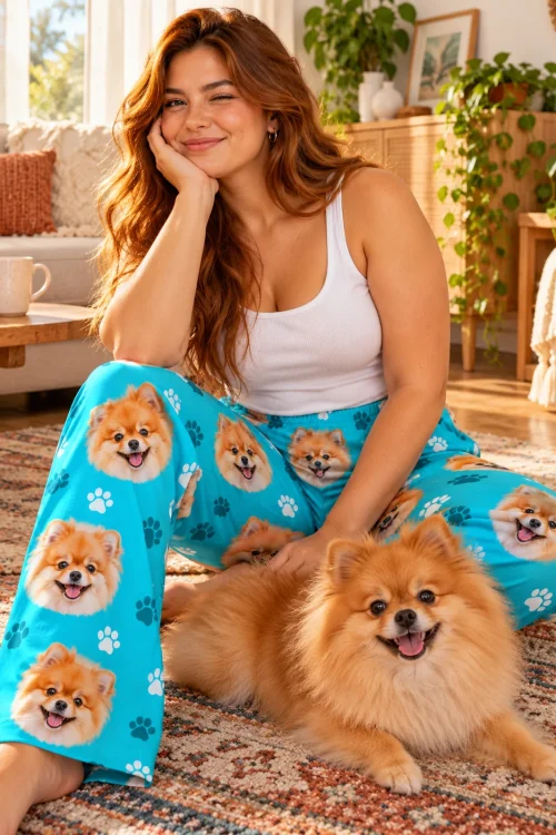 Woman with wavy auburn hair sitting on a woven rug beside her orange pomeranian, in teal paws pajama pants