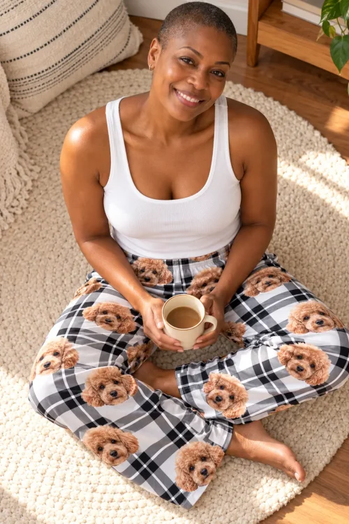 Woman sitting cross-legged on a round rug with coffee, in white plaid poodle face pajama pants