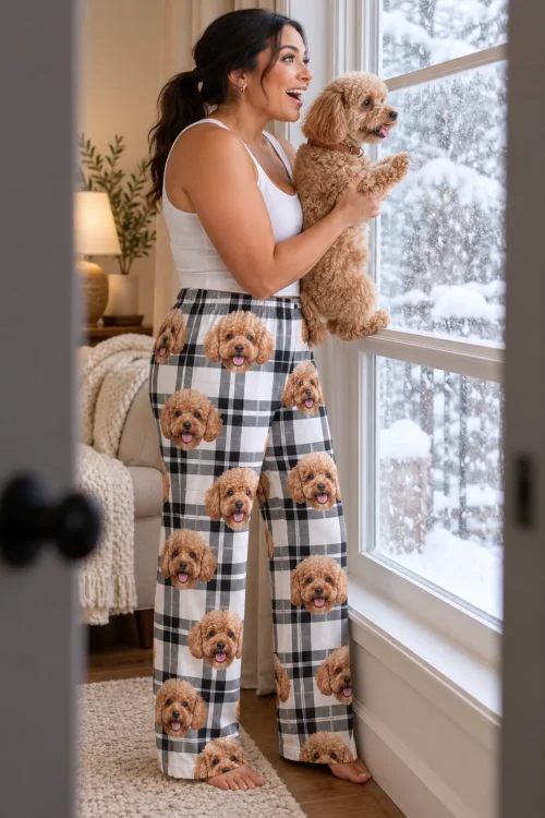 Woman lifting her poodle to a snowy window, wearing white plaid pajama pants with poodle faces