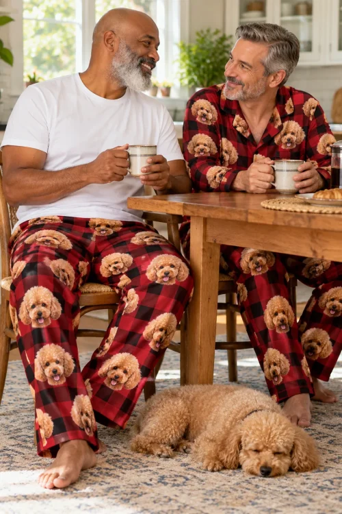 Two friends with mugs at a kitchen table in red plaid poodle pajamas, a poodle asleep below