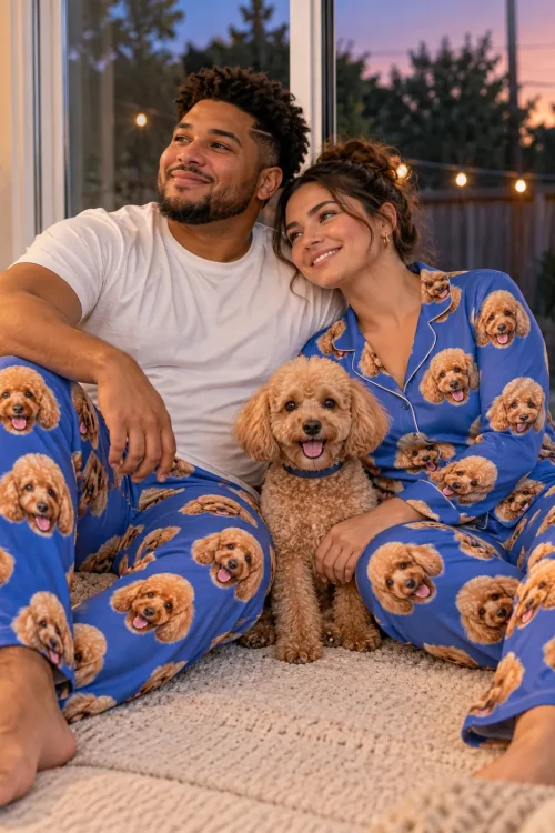 Couple on a rug at dusk with their poodle, he wears royal blue poodle pajama pants