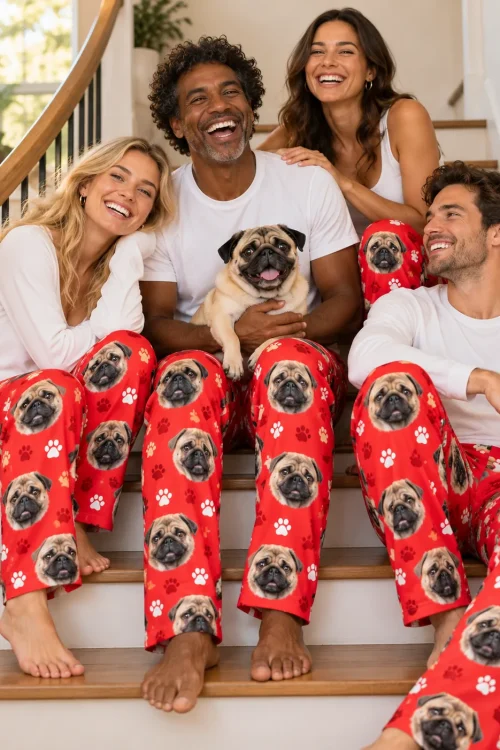 Four smiling adults on the stairs in red paws pug pajama pants, one holding their fawn pug