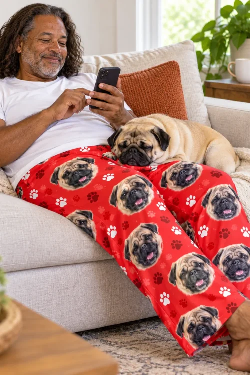 Man scrolling his phone on a sofa while his fawn pug naps on his red paws pug pajama pants