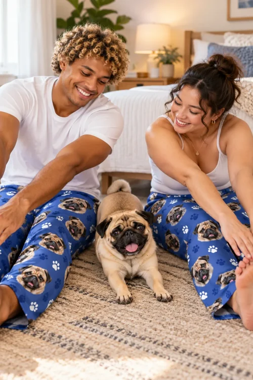 Couple stretching on a bedroom rug in royal blue paws pug pajama pants with their pug between them