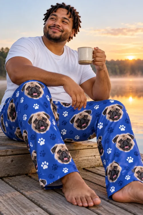 Man with a mug on a lake dock at sunrise in royal blue paws pajama pants printed with pug faces