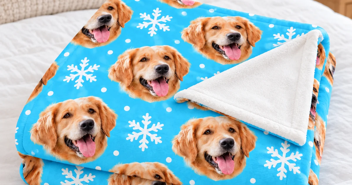 Folded blue fleece blanket printed with a dog's face and snowflakes, a golden retriever keepsake