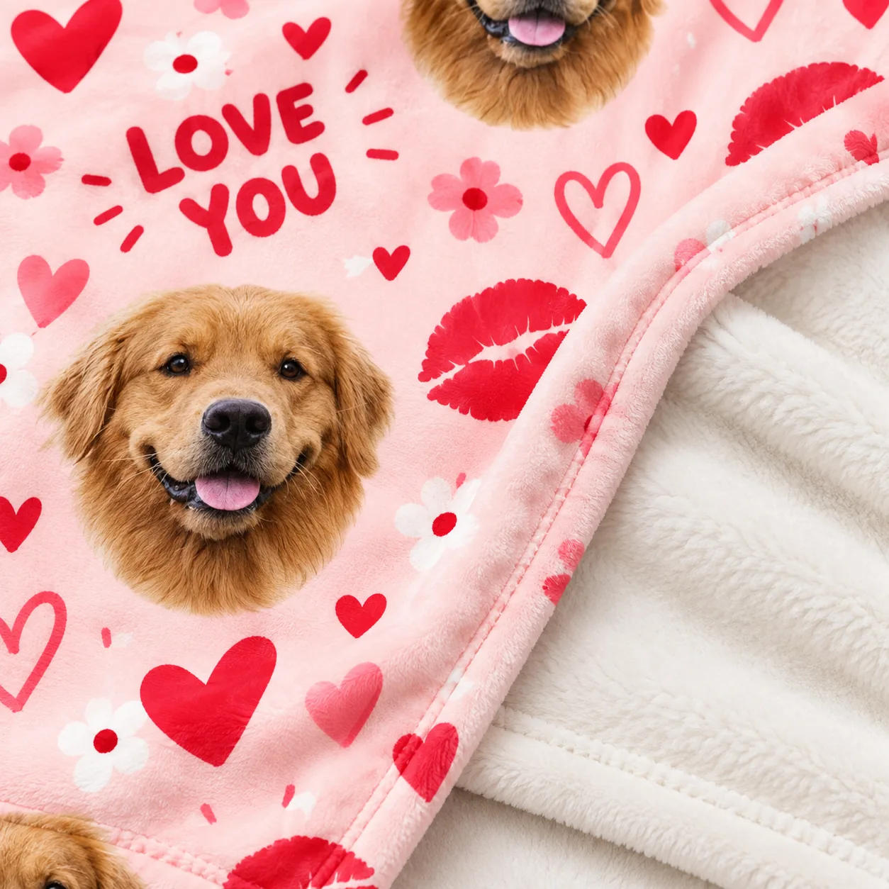 Close-up of a pink minky blanket printed with a golden retriever dog's face, soft white back