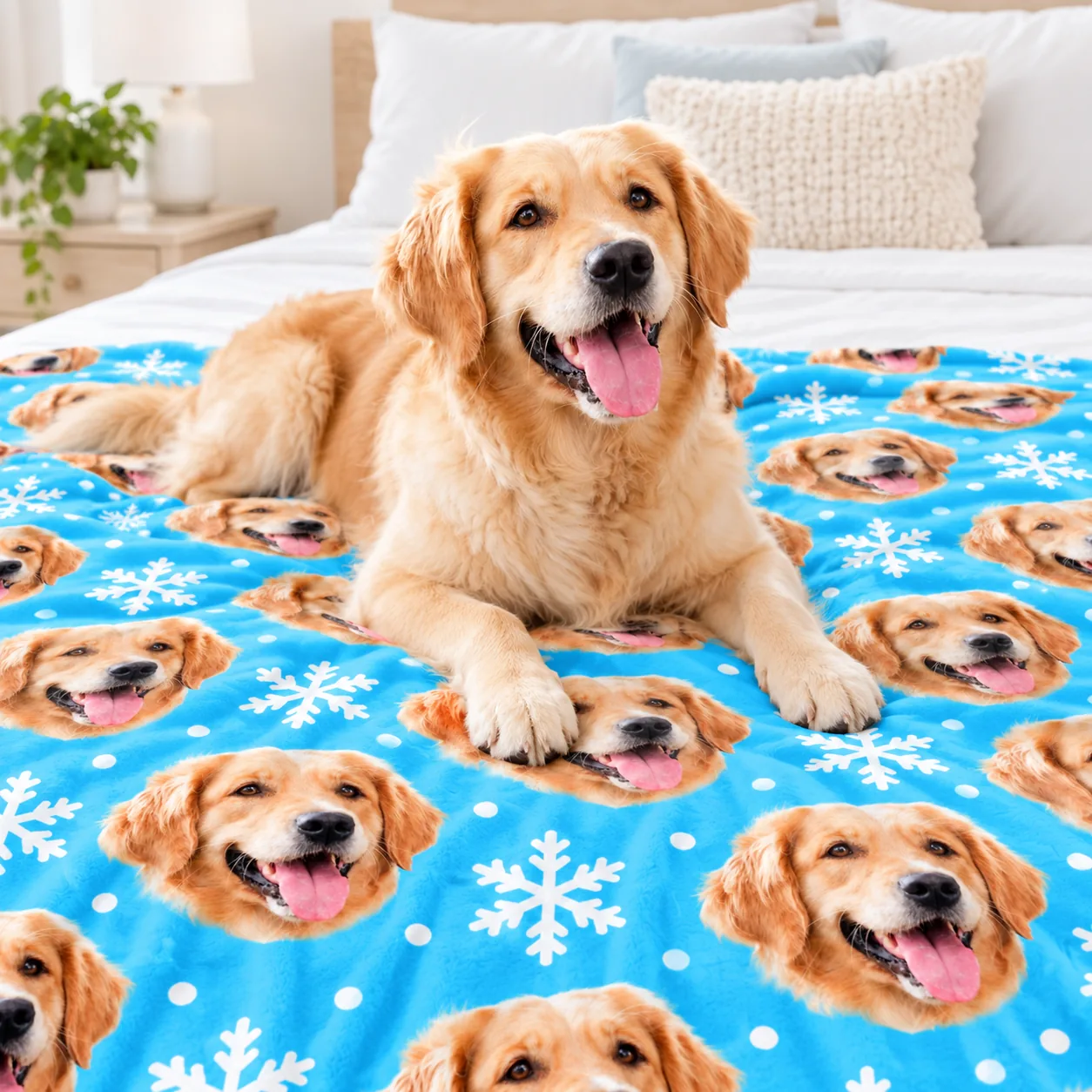 Golden retriever dog lying on a blue fleece blanket printed with its own face