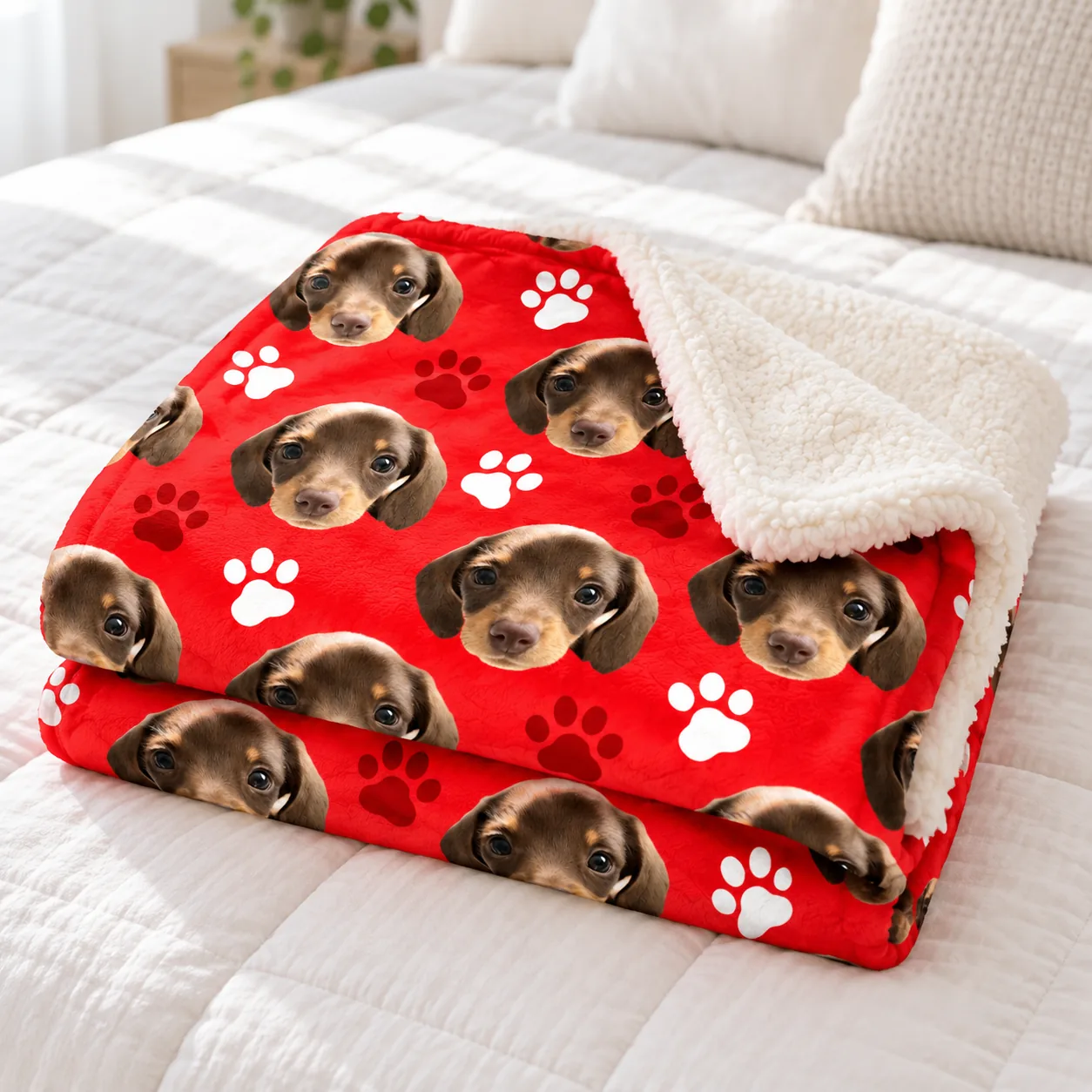 Folded red sherpa blanket printed with a dachshund dog's face and paw prints