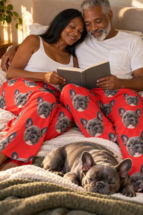 Couple reading on a sofa in red pajama pants with French bulldog faces as their dog sleeps on a blanket