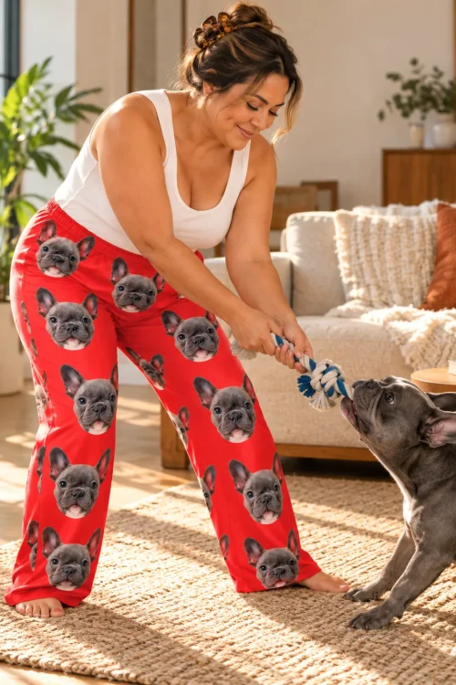 Woman playing tug-of-war with a French bulldog, wearing red pajama pants printed with its face