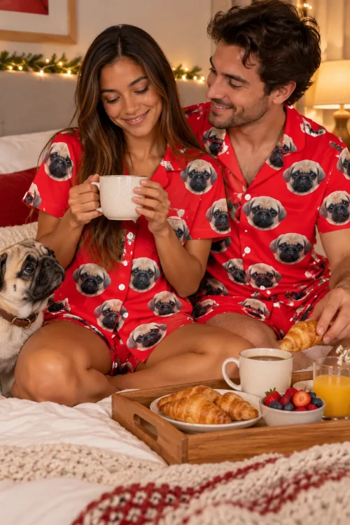 Couple in matching red pajama sets having breakfast in bed with croissants and their pug