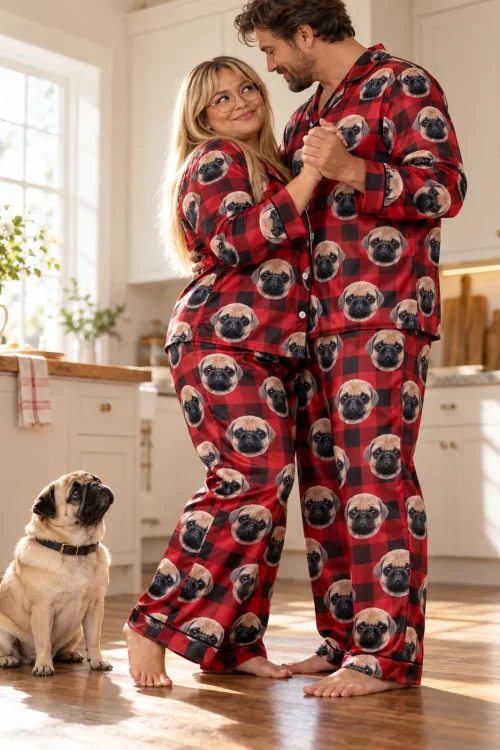 Couple dancing in the kitchen in red plaid pajama sets while their pug looks up