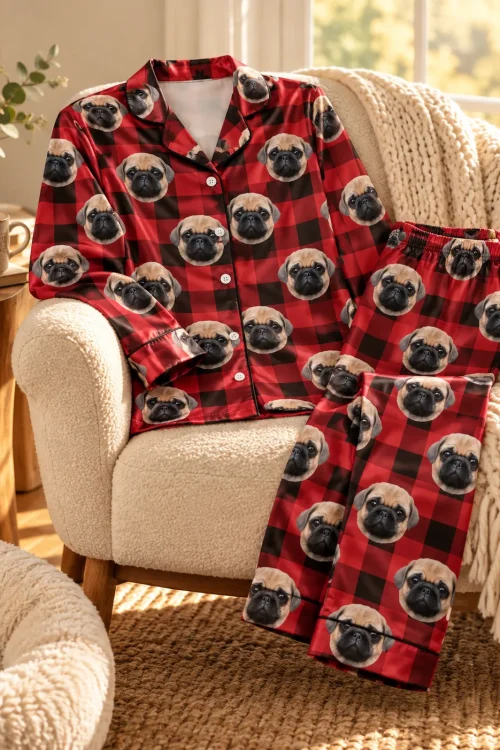 Red plaid pajama set with pug faces laid over a cream armchair beside a dog bed