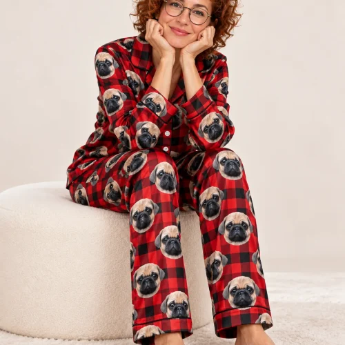 Red Plaid Satin Pajama Set with Your Pet's Face