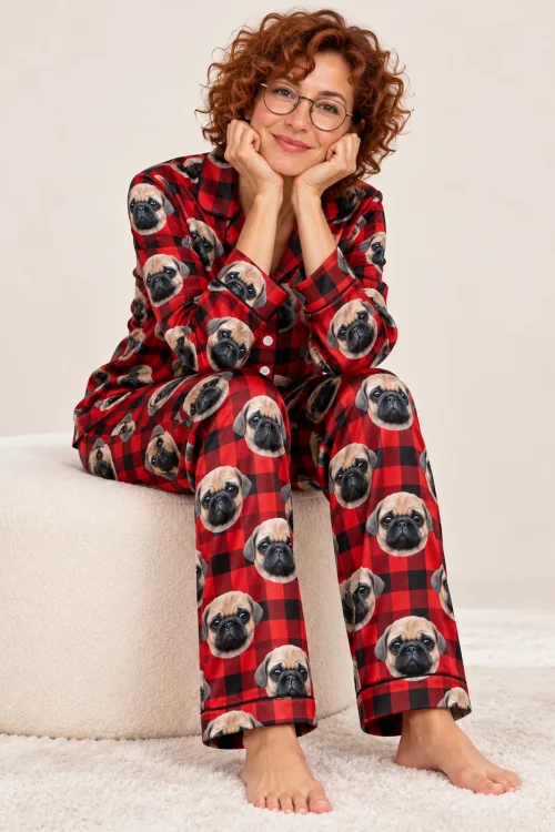 Woman sitting on an ottoman in a red plaid pajama set printed with pug faces