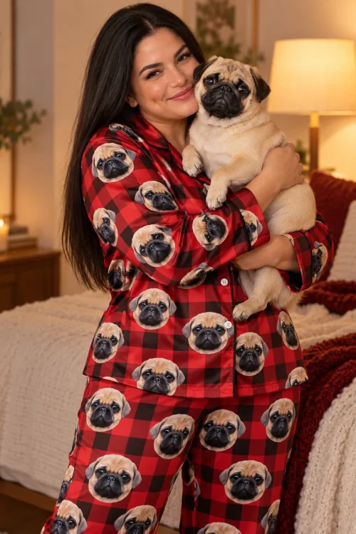 Woman hugging her pug in a red and black plaid satin pajama set in the bedroom