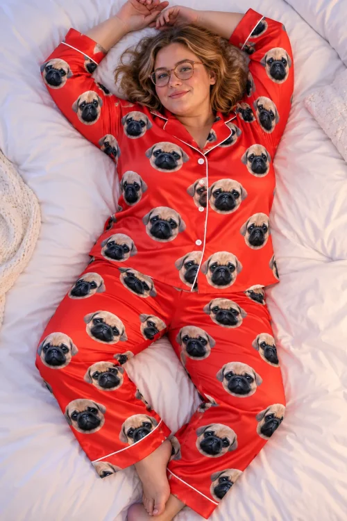 Overhead view of a woman in glasses lying on a white duvet in red satin pajamas with pug faces