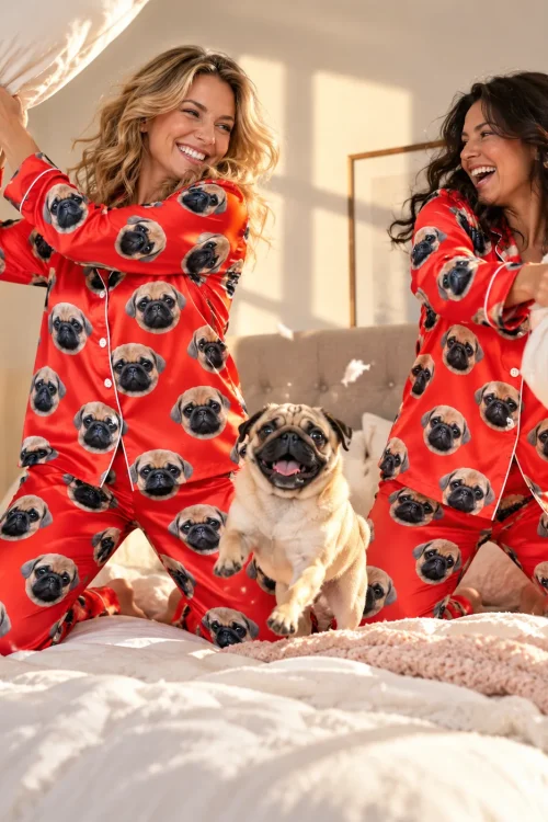 Two friends in red satin pajamas having a pillow fight on a bed while a pug leaps between them