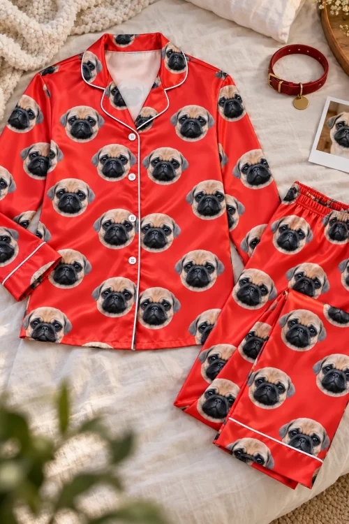 Red satin pajama set with pug faces laid flat on a bed beside a red collar and a pug photo print