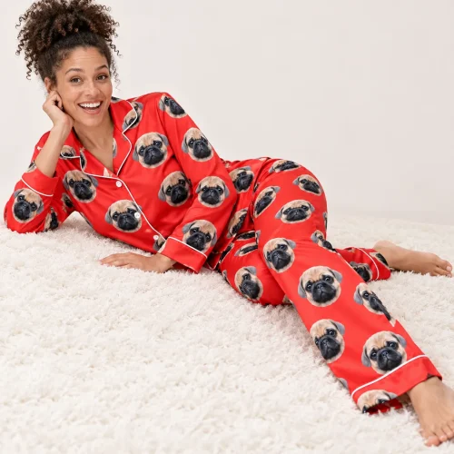Red Satin Pajama Set with Your Pet's Face