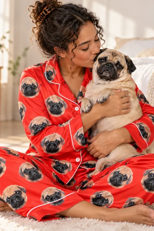 Woman in red satin pajamas sitting cross-legged on a rug and kissing her pug